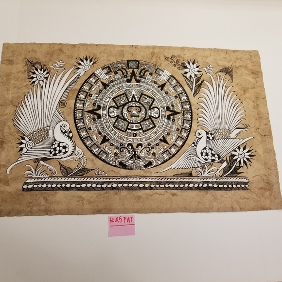 Aztec Mayan Clock with Aztec Birds Original Hand Painting on Paper from Mexico - Picture 3 of 7